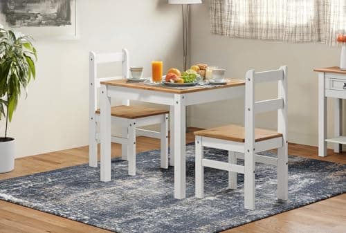 Image of Mercers Furniture Corona Dining Table & 2 Chairs White Wax Rio Solid Wood Pine Wooden Painted Small Kitchen Square Shabby Chic Mexican Style Table = 76cm High 80cm Wide 80cm Deep