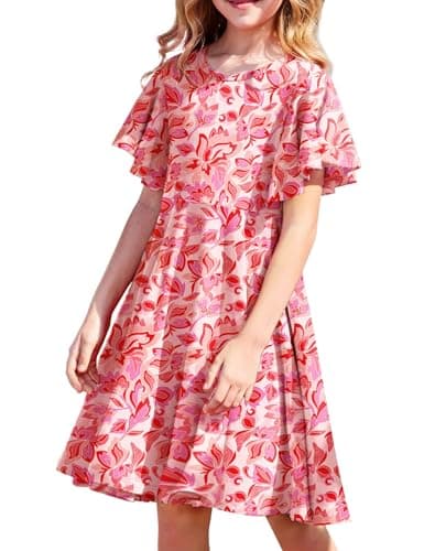 Image of Arshiner Girls' Dresses Summer Floral Dress Short Sleeve Elegant Party Princess Dress Beach Hawaii Birthday Wedding Casual Children's Dresses with Pocket 140 Age 9-10
