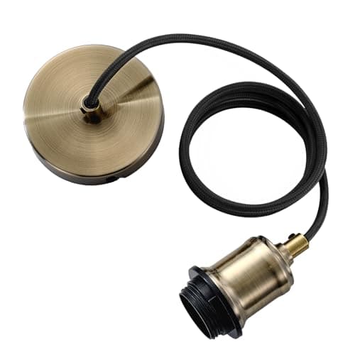 Image of Industrial Antique Brass Pendant Light Fitting, Metal E27 Srew Lamp Holder with Lock Ring for Shade, Metal Ceiling Rose with 100cm Adjustable Black Braided Flex Cable Ceiling Light Fixture KIT801AB