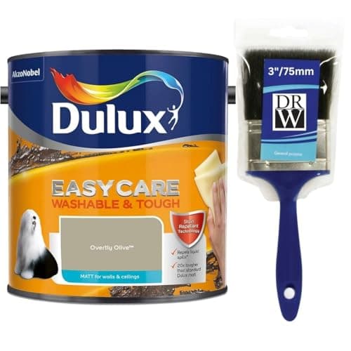 Image of Overtly Olive Dulux Easycare Matt Emulsion Paint 2.5L + 3" Emulsion Paint Brush – Washable & Stain Resistant, Durable Matt Finish, Quick Dry, Low Odour Interior Wall & Ceiling Paint