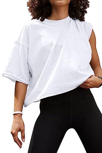 Image of AirMood Oversize Workout Crop Tshirt Tops Oversized Casual Basic Loose Fitted Tees T-Shirts (White,L)