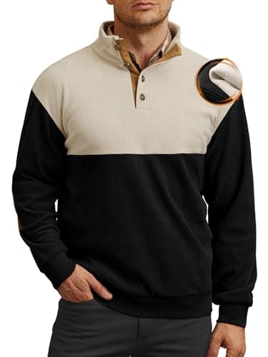 Image of VOGSTART Men's Work Athletic Sweatshirt Button Vintage Shirts Quarter Thermal Winter Elbow Patches Casual Stand Up Collar Pullover Khaki & Black XXL
