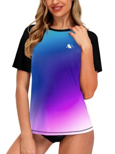 Image of Gradient Swim Top Women Gym Tops Short Sleeve Rash Guard UV Swimwear Rash Vest Gradient Purple L