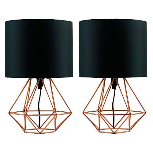 Image of MiniSun | Modern Copper Metal Basket Table Lamps with Black Fabric Shades | Table Lamps, Home Décor & Improvement Essential | Set of 2 | Includes 4W Bulbs [3000K Warm White]
