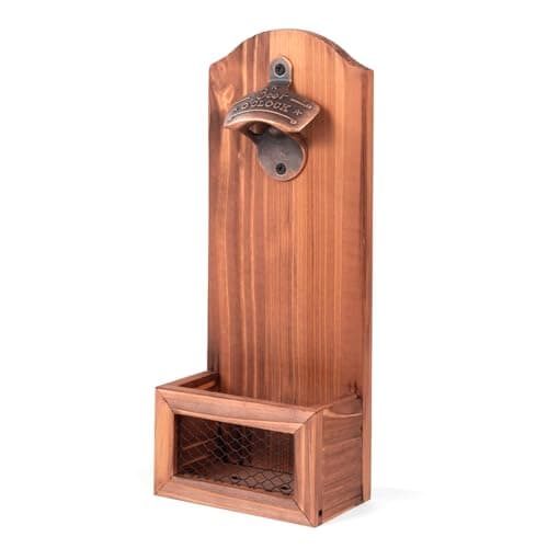 Image of Bottle Opener with Cap Collector Catcher,Vintage Wooden Wall Mounted Bottle Opener，Ideal Gift for Men and Beer Lovers, Use as Bar Decoration (Beer O'Clock)