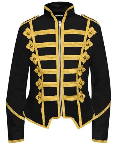 Image of Pamposh Women Steampunk Hussar Military Drummer Parade Jackets - Emo Punk Women Jackets - Napoleon Gothic Clothing - Ladies Marching Band Jackets (UK, Alpha, L, Regular, Regular, Black & Gold)