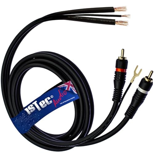 Image of 1STec 1.5m Twin Red + White Moulded RCA Plugs to Bare Wire Ends for Vinyl Player Shielded OFC + Earth Conductors stops Hum Humming Buzz Buzzing Feedback Noise from Amp - HiFi speakers (1.5 Metre)