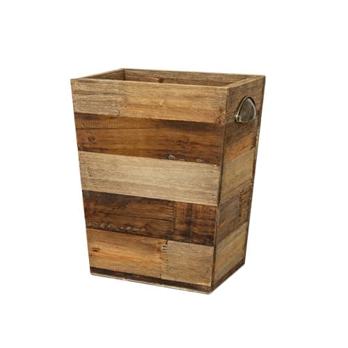 Image of Venalys Small Wooden Waste Paper Bin Trash Can, Farmhouse Decorative Garbage Can Wastebasket, Rustic Distressed Natural Trash Recycling Basket with Metal Handles, Reclaimed Wood Storage Basket