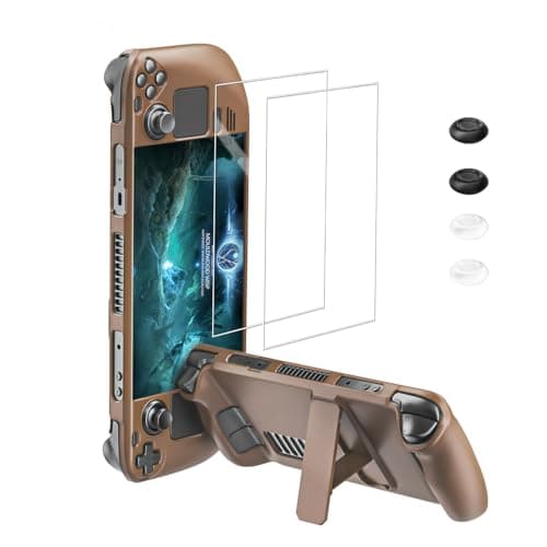Image of bibuks ﻿Steam Deck Case,Steam Deck OLED Protective Case,Non-Slip Skin Protective Shell Accessories with Kickstand ,2 Screen Protector, 4 Thumb Grip (Brown)
