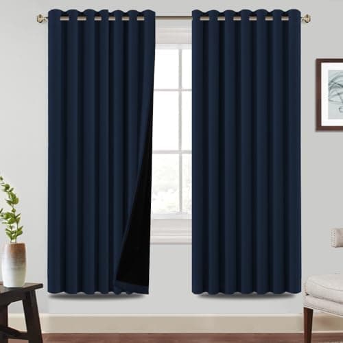 Image of BellaHills 100% Blackout Curtains Eyelet Thermal Insulated Curtains for Living Room Heat and Full Light Blocking Window Treatments with Black Liner 2 Panels, 90 x 72 Inch, Navy