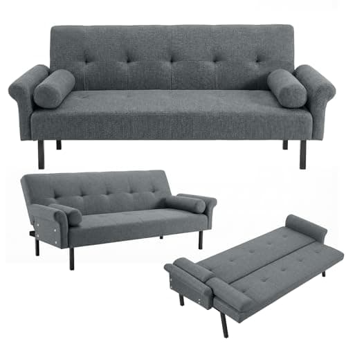 Image of Panana Modern 3 Seater Sofa Bed, Fabric Upholstered Sofa bed with Metal Legs,Futon Recliner Lounge for Living Room, Spare Room, Bedroom (Grey with armrest)