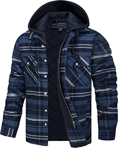 Image of TACVASEN Men's Jacket Plaid Flannel Shirts Long Sleeve Hooded Lumberjack Jacket Checked Button Shirt Jacket with Pockets Blue Grey