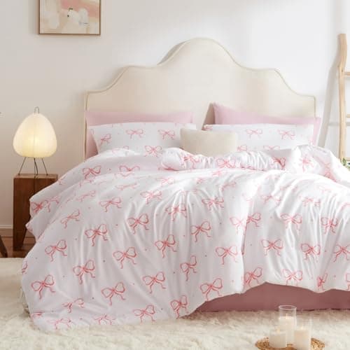 Image of Nyescasa Pink Bow Duvet Cover Single White with Pink Bows Bowknot Print Kawaii Bedding Set Kids Girls Cute Bow Tie Microfibre Comforter Cover 135x200 cm with Zipper Closure and 1 Pillowcase 50x75 cm
