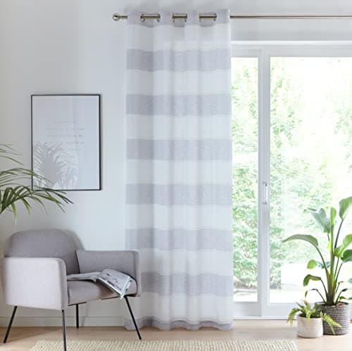 Image of Tyrone Textiles Ltd Santorini Voile Panel - Linen Look Panel with Horizontal Coloured Stripes with an Eyelet header (Grey, Drop - 72" (183cm))