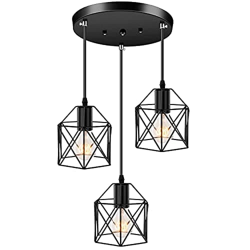 Image of Licperron Industrial Pendant Lighting E27 Base Edison Metal Caged Vintage Hanging Pendant 3-Lights Rustic Pendant Light Fixture for Kitchen Dining Room Bar Hotel