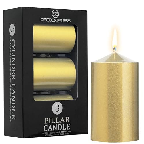 Image of DECO EXPRESS Pillar Candles Set, Pack of 3 Unscented Large Candles, Valentine’s & Mother’s Day Decor (Metallic Gold, 3 Pack)