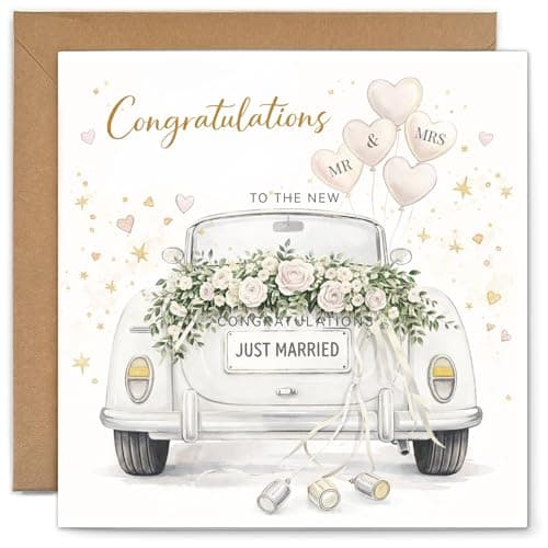 Image of YISCOKO Wedding Card Congratulations to The New Mr & Mrs,Classic Car Design,Square Wedding Cards for Bride and Groom-148x148mm.Supplied with Envelope and Gold Sticker.