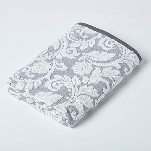 Image of HOMESCAPES Luxury Silver Grey Bath Towel 100% Turkish Cotton Patterned Large Towel Super Soft & Absorbent Extra Thick 600GSM Ringspun Light Grey Towel For Bathroom with Damask Pattern