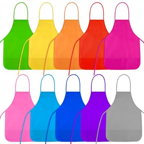 Image of NACHLYNN 10 Pack Kids Painting Apron Kids Art Aprons Bulk Toddler Paint Apron Smock with 2 Pockets for Craft Kitchen Classroom Home Painting Activity (Multicolor)