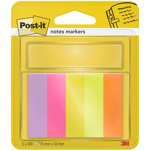 Image of Post-it Notes Markers, Assorted Colours, 5 Pads, 15 mm x 50 mm, 100 Sheets per Pad, Green, Orange, Pink, Purple, Yellow - To Mark, Highlight or Color Code Important Information