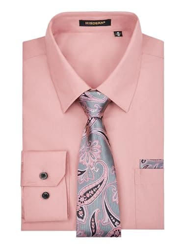 Image of HISDERN Men's Pink Shirts Long Sleeve Smart Formal Plain Dress Shirt and Tie Set Business Casual Wedding Regular Fit M