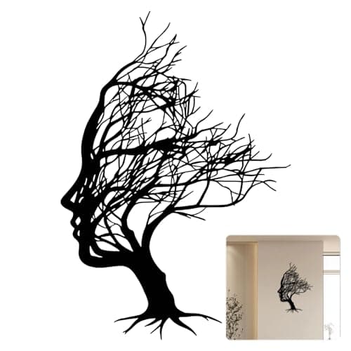 Image of Heyung Abstract Tree Face Metal Wall Art Decor, Tree of Life Women Face Wall Hanging Sculpture, Modern Black 3D Art for Living Room, Bedroom, Office Decor (30x21cm)