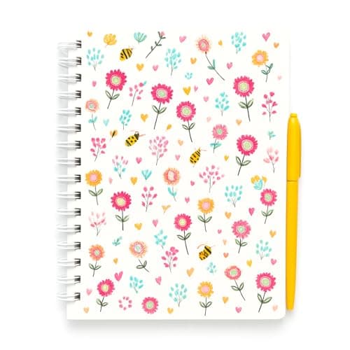 Image of Sixstore A5 Spiral Notebook & Pen Set Flower and Bee Design, Note Book A5 Lined Wirebound