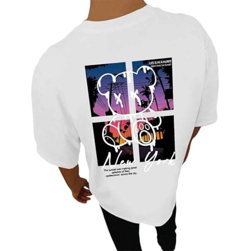 Image of Mens T Shirt Back Print Summer Short Sleeve Tshirts Fashion Motif Clothing Retro Cotton Casual Shirt Boys Tee Crew Neck Outfit Lightweight Tops 02M#White Medium