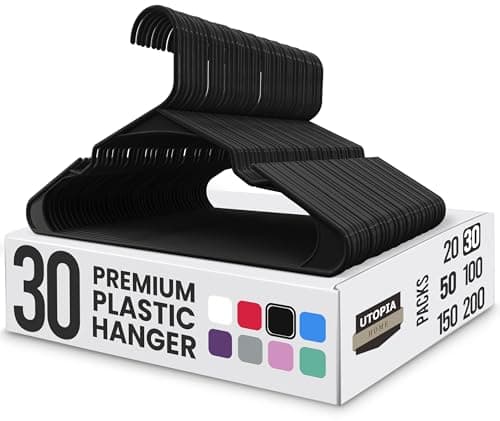 Image of Utopia Home 30 Pack Premium Plastic Clothes Hangers - Durable Coat Hangers Adult with Trouser Bar & Shoulder Grooves, Space Saving Non-Slip Design for Coats, Jackets, Shirts & Suits - Black