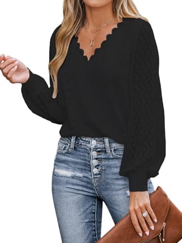 Image of CUPSHE Women Blouse Cutout Scalloped Lace Top Long Lace Sleeves V Neck Banded Cuffs Chic Elegance Shirt Black L