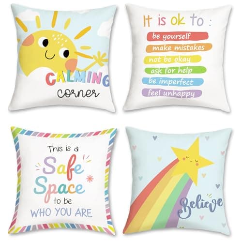 Image of Bonhause Calming Corner Cushion Covers 45 x 45 cm Sun Rainbow Classroom Decorative Throw Pillow Covers for Sofa Couch Bed Home Reading Corner Kids Room Decor Set of 4