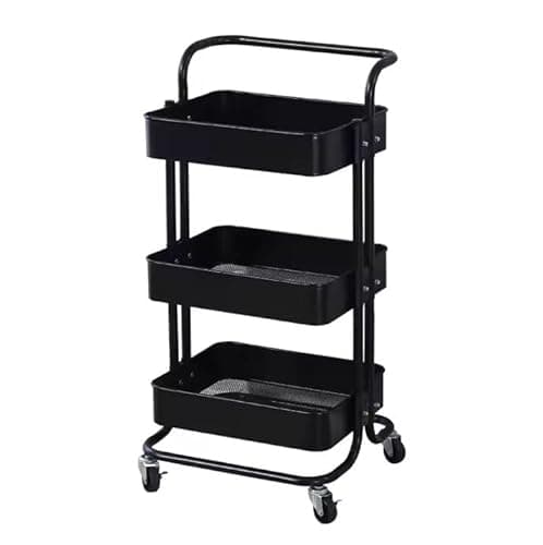 Image of Metal Trolley on Wheels | Storage Shelves | Makeup Storage | Cleaning Trolley | Shelves Unit | Utility Cart | Cleaning Caddy | Metal Rolling Cart (3-Tier Black)