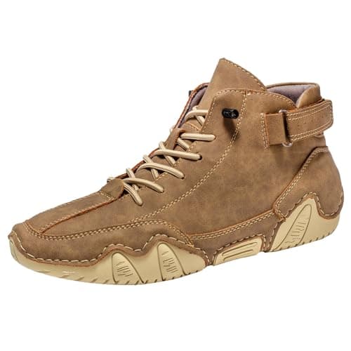 Image of Men’s Casual High Top Trainers with Lace-Up Design, Retro Street Style Leather Sneakers, Anti-Slip Rubber Sole Walking Shoes, Breathable Lightweight Ankle Boots，Shock-Absorbing Comfortable Sole Khaki