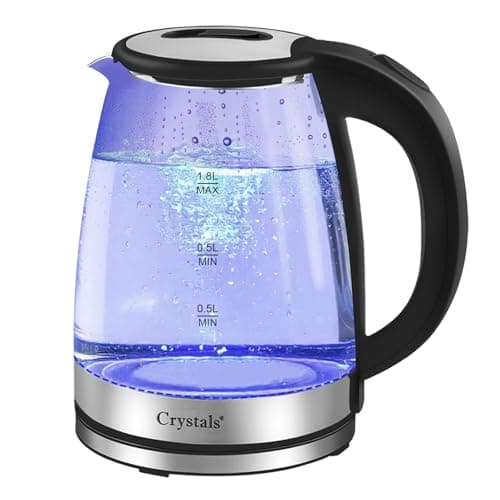 Image of Crystals 1.8L Glass Electric Kettle | 1500W Fast Boil Cordless Kettle with Blue LED | Quiet Boil, Low Wattage Travel Kettle | Auto Shut-Off, Boil-Dry Protection, Easy Clean for Home & Office