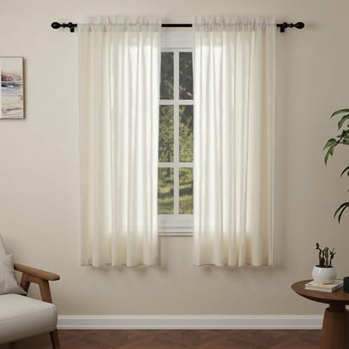 Image of Pacok Cream Voile Curtains, 72 Drop 2 Panel Net Curtain for Windows, Rod Pocket Sheer Curtain Panel Voile Curtains for Living Room Kitcken Bedroom W56xL72 Inch(Cream,142 x 183cm)