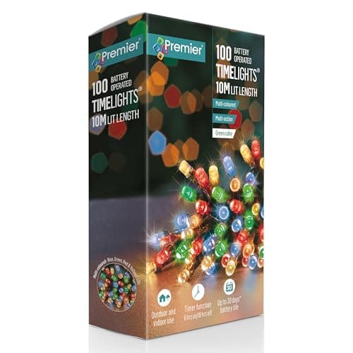 Image of Premier 100 Battery Operated Timelights, 10m Lit Length, Multi-Coloured LEDs, Green Cable, Multi-Action with Timer Function, Indoor and Outdoor Use