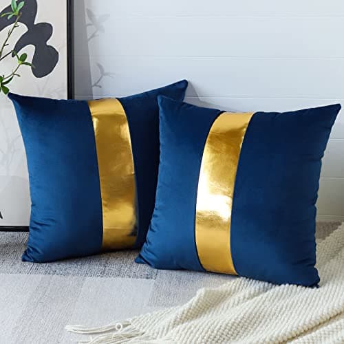 Image of Artscope Navy Blue Velvet Cushion Covers with Gold Leather Stitching Luxury Modern Minimalist Square Pillowcase Throw Pillow Covers for Bed Couch Sofa 45x45cm Set of 2