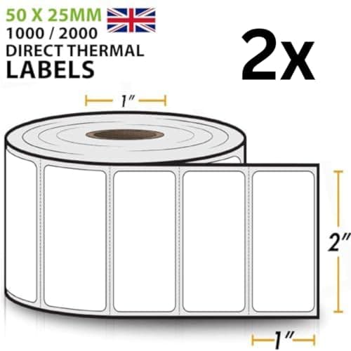 Image of 2X 2" x 1" 50mm x 25mm Direct Thermal Self-Adhesive Labels - Perforated UPC Barcode FBA, 2 Rolls, 2000 Labels Total, Compatible with Rollo & Zebra Desktop Printers
