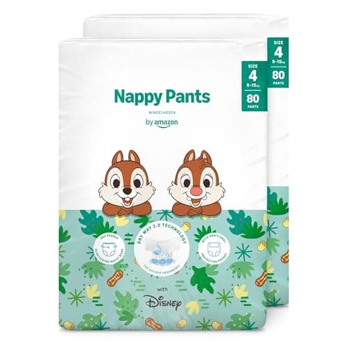 Image of Amazon Brand - Mama Bear Disney Nappy Pants, Size 4 (9-15 kg), 160 Count (2 Packs of 80), White - MONTHLY PACK