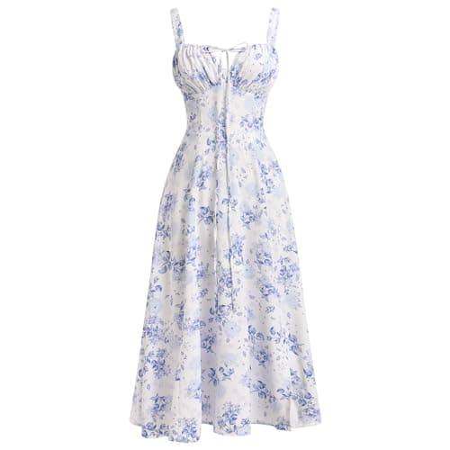 Image of OMEWEE Women's Spring Summer Boho Sundress Square Neck Floral Corset Dress Spaghetti Strap Ruched Flowy Slit Bustier Midi Dresses for Women Going Out A Line Casual Beach Long Dress Light Blue M