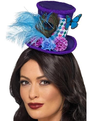 Image of Smiffys Mad Hatter Mini Feather Hat, Purple on Headband, Fairytale, Wings and Wands Fancy Fancy Dress, Adult Dress Up Hats
