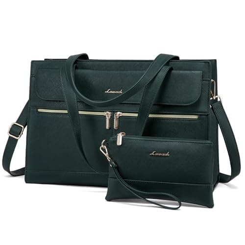 Image of LOVEVOOK Laptop Tote Bags for Women 15.6 Inch Ladies Stylish PU Leather Handbags with Laptop Compartment Large Designer Office Shoulder Bag Womens for Work School Business Shopping, Green