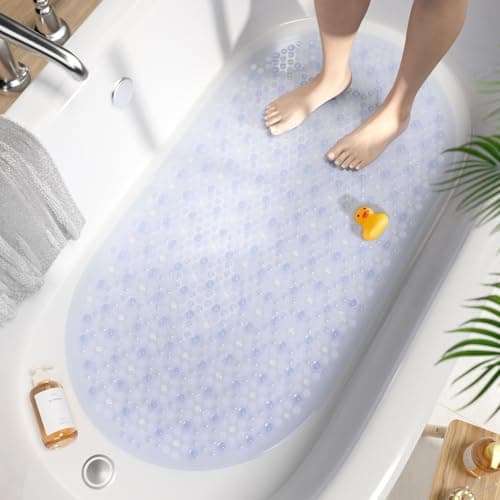 Image of HITSLAM Oval Bath Mat Non Slip Anti Mould, 68 x 38 CM Anti Slip Shower Mat for Bathroom , Machine Washable Bubble Bathtub mat with Suction Cups and Drain Holes, Soft on Feet, Clear