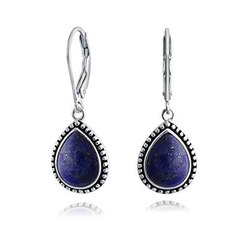 Image of Boho Western Style Blue Lapis Lazuli Semi Precious Pear Shaped Teardrop Lever Back Dangle Drop Earrings For Women Teen Oxidized .925 Sterling Silver