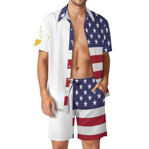Image of Azore U.S. Flags Men's Beach Outfits 2 Pieces Hawaiian Shirt and Swim Shorts Casual Vacation Sets XL