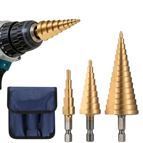 Image of 3 Pcs HSS Step Drill Bit Set, 4mm-12/20/32mm High Speed Steel Step Drill Bits Set Titanium Coated, Cone Hole Cutter Drill Bits with Universal Hex Shank for Wood Metal Plastic PVC Board Sheet