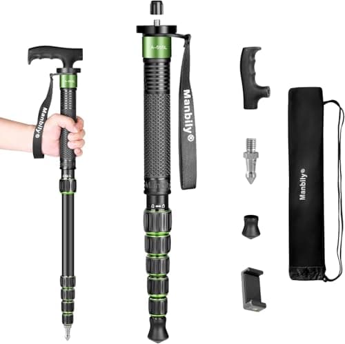 Image of Monopods for Cameras Manbily Camera Monopod 61inches Walking Stick with Handle Portable Compact Travel Monopod Aluminum Alloy Selfie Stick 6 Sections 15.4lbs for DSLR Video Camcorder Stand (GREEN)