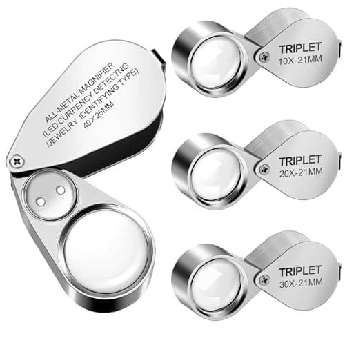 Image of EEEKit 4PCS Loupe Magnifier, 10X 20X 30X 40X Magnifying Glass with Light, Full Metal Folding Pocket Jewelers Magnifying Loupe with UV Light and Bright LED Light for Close Work Crafts Watch Repair