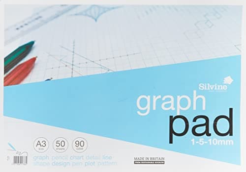 Image of Silvine A3 Graph Pad. 50 Sheets of Quality 90gsm Paper, Printed 1-5-10mm Graph. Ref A3GP,Blue