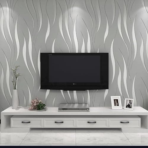 Image of Cathpetic Grey Wallpaper 3D Wave Striped Features Metallic Non Woven Silver Grey Embossed Textured Wallpaper for Living Room Bedroom Kitchen Hallway Front Room,9.5×0.53m